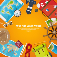 Fototapeta premium Travel and tourism. Flat style. World, earth map. Globe. Trip, tour, journey, summer holidays. Travelling,exploring worldwide. Adventure,expedition. Table, workplace. Traveler. Navigation or route