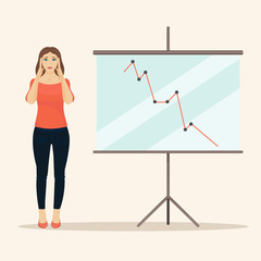 Sad female office worker giving presentation. Upset business woman standing next to a presentation screen with falling diagram. Bad result chart. Vector illustration.

