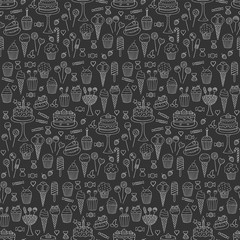 Sweets hand drawn doodle vector seamless background. Dessert illustrations pastries, birthday cake, cupcake, ice cream, candy, lollipop, chocolate.