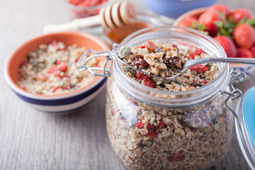 Grain free oat free paleo muesli, raw food: mixed nuts, seeds, goji berries, chia, honey and strawberries, selective focus
