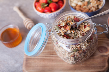 Grain free oat free paleo muesli, raw food: mixed nuts, seeds, goji berries, chia, honey and strawberries, selective focus