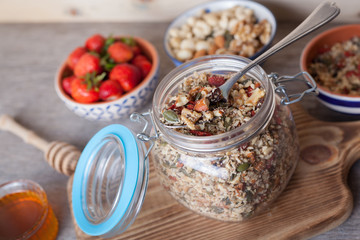 Grain free oat free paleo muesli, raw food: mixed nuts, seeds, goji berries, chia, honey and strawberries, selective focus