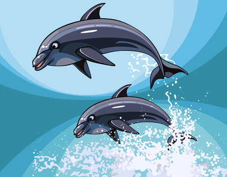 Two cartoon dolphins happily jumping in splashes water