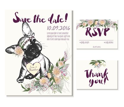 Wedding card set in trendy boho style. French bulldog wearing flower crown and heart coulomb. Decorated with floral bouquet and feathers. Includes save the date. rsvp and thank you cards templates.