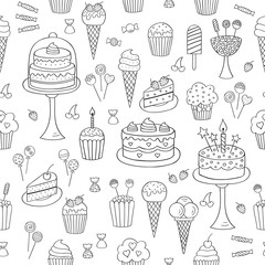 Sweets hand drawn doodle vector seamless background. Dessert illustrations pastries, birthday cake, cupcake, ice cream, candy, lollipop, chocolate.
