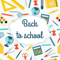 Back to school text, stationeries, colorful background
