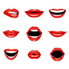 Fototapeta na wymiar Set of red kissing and smiling cartoon lips.