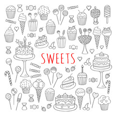 Sweets set vector icons hand drawn doodle. Dessert illustrations pastries, birthday cake, cupcake, ice cream, candy, lollipop, chocolate isolated .
