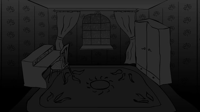 Dark room with furniture and rain and thunder outside the window looped animation.