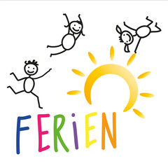 Fröhliche und sportliche Kinder mit buntem Schriftzug Ferien - Schulfrei und Sommerferien im Sommer