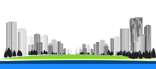 Fototapeta na wymiar Vector Design - Eps10 Building and City Illustration, City scene, Town and Nature green field landscape