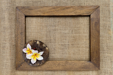 Natural brown color set of wooden frame and coconut shell on canvas background
