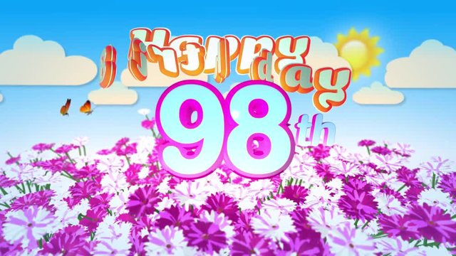 Happy 98th Birtday in a Field of Flowers while two little Butterflys circulating around the Logo. Twenty seconds seamless looping Animation.
