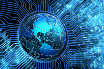 Fototapeta premium Global communication network, microchip connections, computer science and electronic technology concept, circuit board with Earth globe on blue background with digital code
