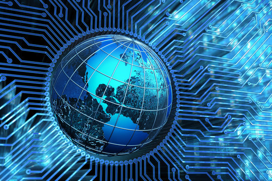 Global communication network, microchip connections, computer science and electronic technology concept, circuit board with Earth globe on blue background with digital code