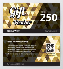 Gift voucher template with gold low polygon background, golden geometric black line, 2 side coupon offset printing, demo text box editable layout, company name and slogan tab strip in the bottom edge.