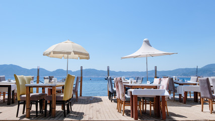 Dining tables on the beach.