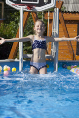 Happy little Girl in bikini swimming pool