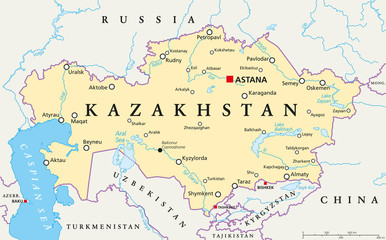 Kazakhstan political map with capital Astana, national borders, important cities, rivers and lakes. Republic in Central Asia and the worlds largest landlocked country. English labeling. Illustration. - obrazy, fototapety, plakaty