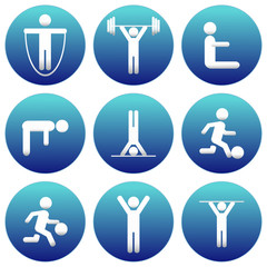 Fitness and Health icons with White Background. Sport icons set. Stick Figure icons.