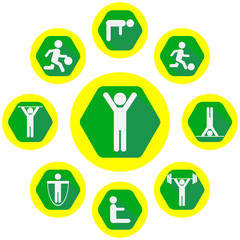 Fitness and Health icons with White Background. Sport icons set. Stick Figure icons.