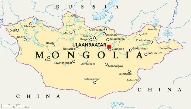 Mongolia political map with capital Ulaanbaatar, national borders, important cities, rivers and lakes. Landlocked sovereign state in East Asia, bordered to China and Russia. English labeling.