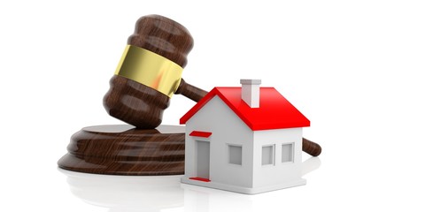 Gavel and a small house on white background. 3d illustration