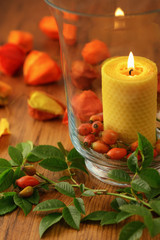 autumn decoration of rose hips and candle