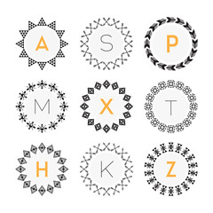 Black monograms circle pattern emblems set on white background