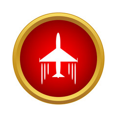 Plane in air icon in simple style in red circle. Fly symbol