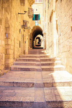 Israel, Jerusalem, stone streets. The tunnel with steps...