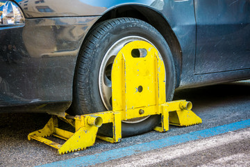 ROME,ITALY-FEBRUARY 09 2015-Clamped wheel of a car illegally parked- Editorial only
