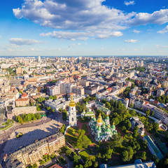 Kiev City skyline aerial view. Cityscape of capital of Ukraine. Sophia Square and St. Sophia Cathedral view.
