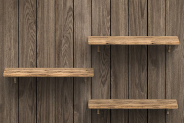 three wooden shelves on wooden background