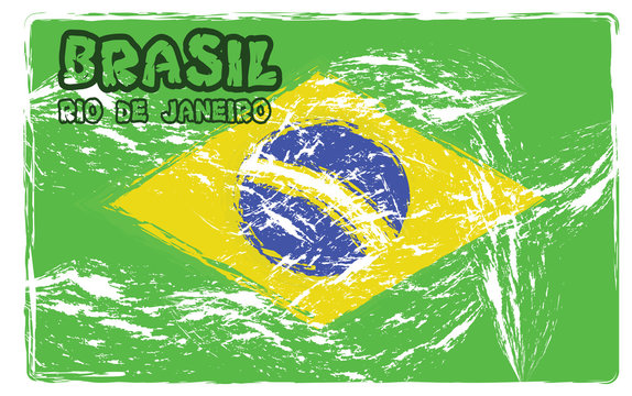Brasil, Rio logo with national flag colors, hand drawn style. Digital vector image.
