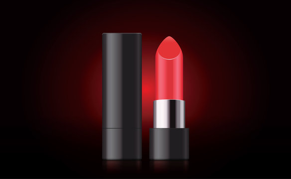Red lipstick and black case closed and opened on dark background