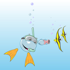 smiley with a camera taking pictures of fish