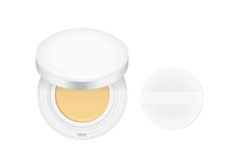 BB powder brown color in white powder case which opened and velour powder puff with ribbon. Ideal for beauty product mock up or other.