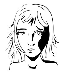 Zwart wit inkt kunst - portret vrouw droevig