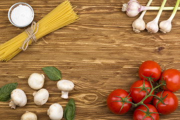 Ingredients. Tomatoes, pasta, garlic, basil, champignon and salt.
