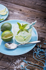 Fresh cold water with lemon, cucumber, ginger, mint and ice