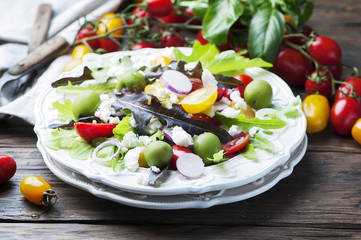 Healthy greek salad with feta and olive