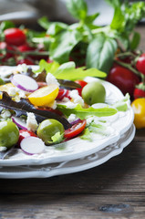 Healthy greek salad with feta and olive