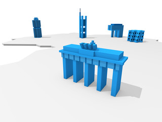Deutschland-Landkarte mit Städte-Symbolen: Berlin, München, Frankfurt, Köln und Düsseldorf – Illustration © ag visuell