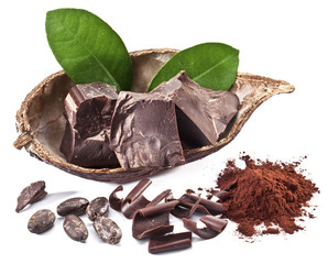 Chocolate blocks and cocoa bean.