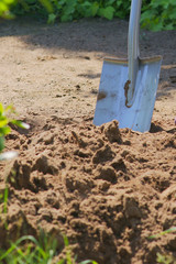 Gardener digging soil with shovel - obrazy, fototapety, plakaty