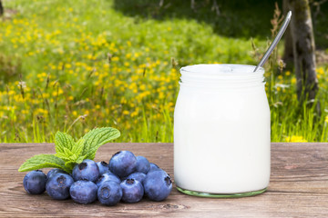 jar of yogurt and blueberries on wooden table