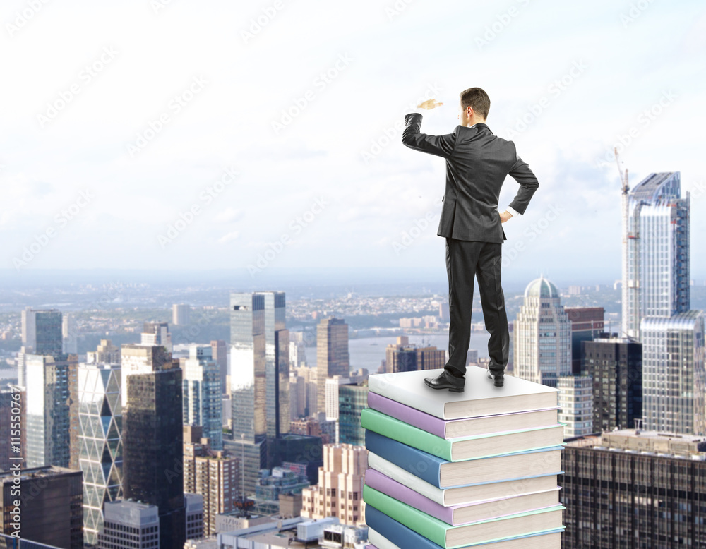 Sticker businessman standing on stack of books