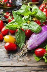 Ingredients for vegan salad on the wooden table