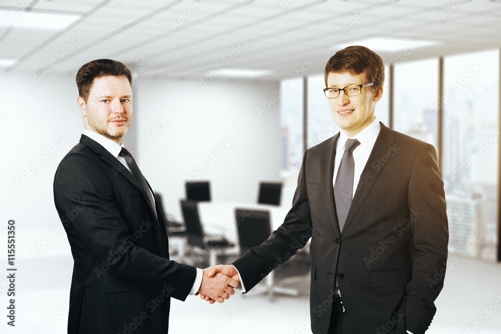 Sticker smiling businesspeople shaking hands